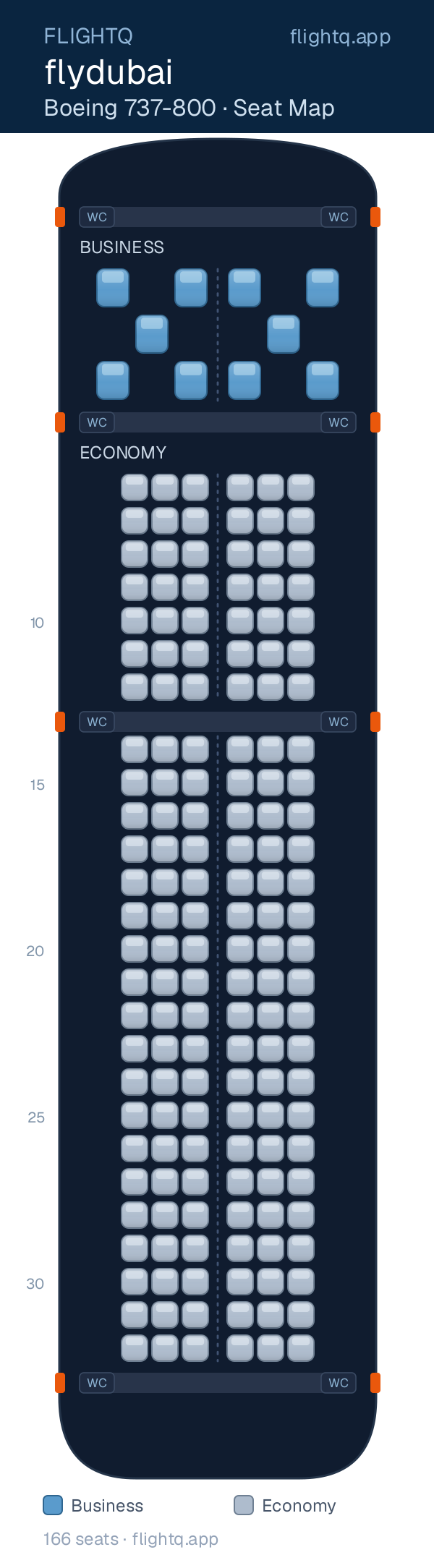 flydubai Boeing 737-800 seat map with 166 seats across 2 cabins — best seats and rows to avoid