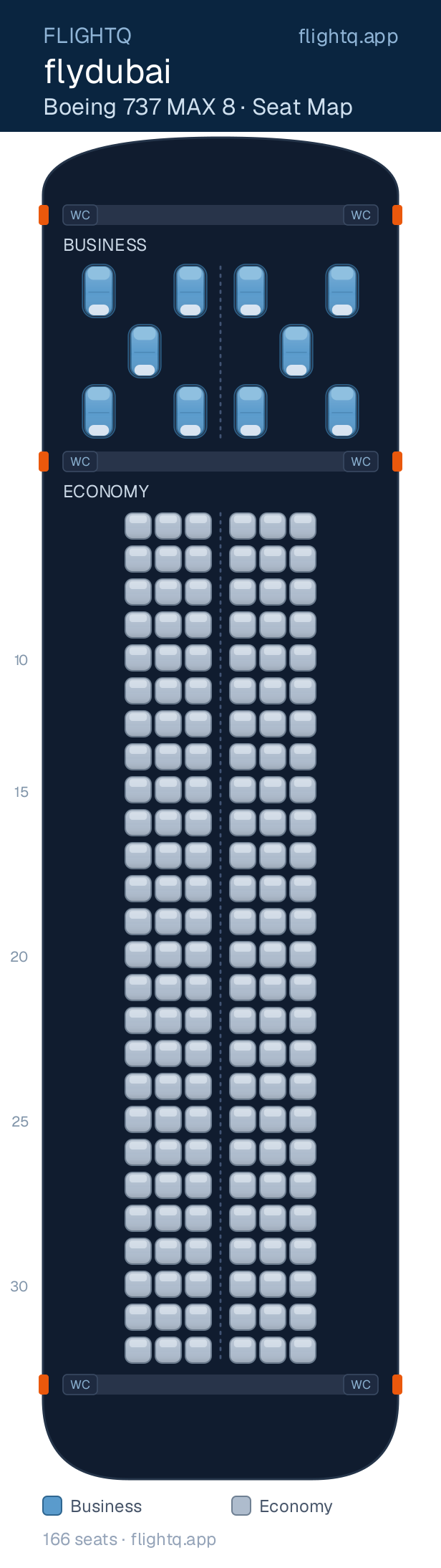 flydubai Boeing 737 MAX 8 seat map with 166 seats across 2 cabins — best seats and rows to avoid