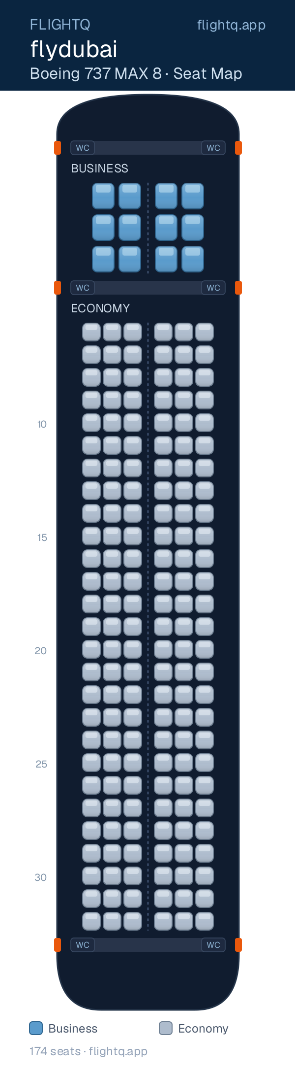 flydubai Boeing 737 MAX 8 seat map with 174 seats across 2 cabins — best seats and rows to avoid