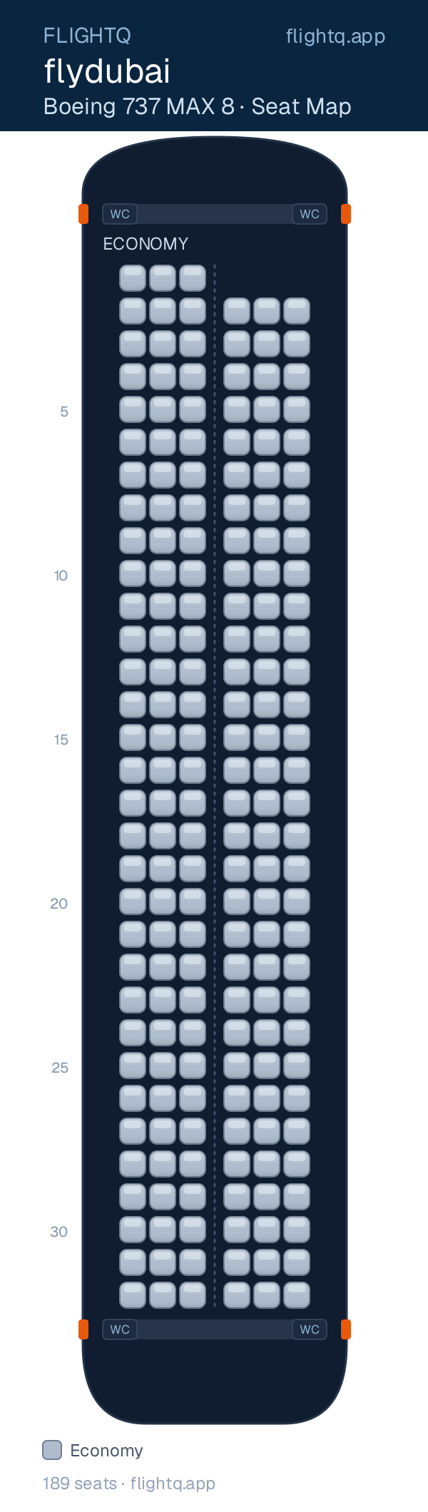 flydubai Boeing 737 MAX 8 seat map with 189 seats — best seats and rows to avoid