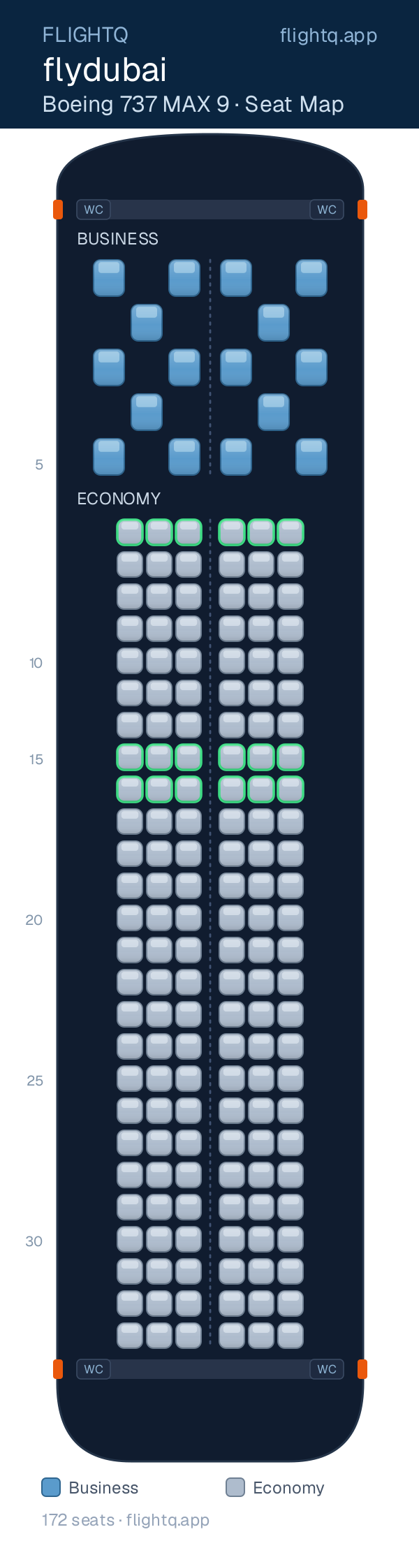 flydubai Boeing 737 MAX 9 seat map with 172 seats across 2 cabins — best seats and rows to avoid