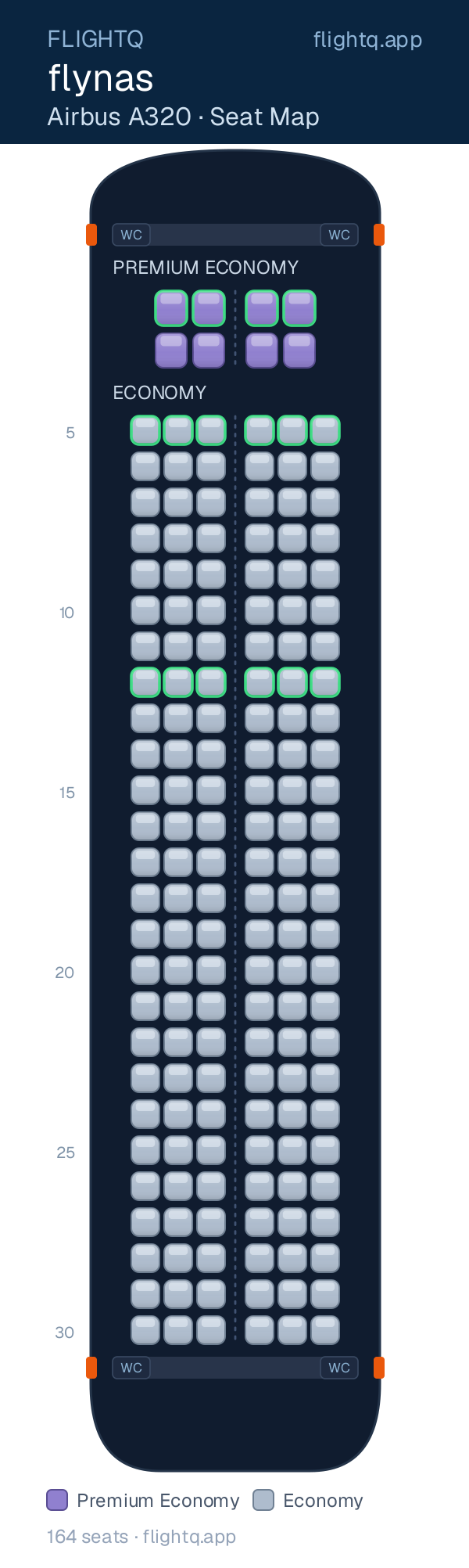flynas Airbus A320 seat map with 164 seats across 2 cabins — best seats and rows to avoid
