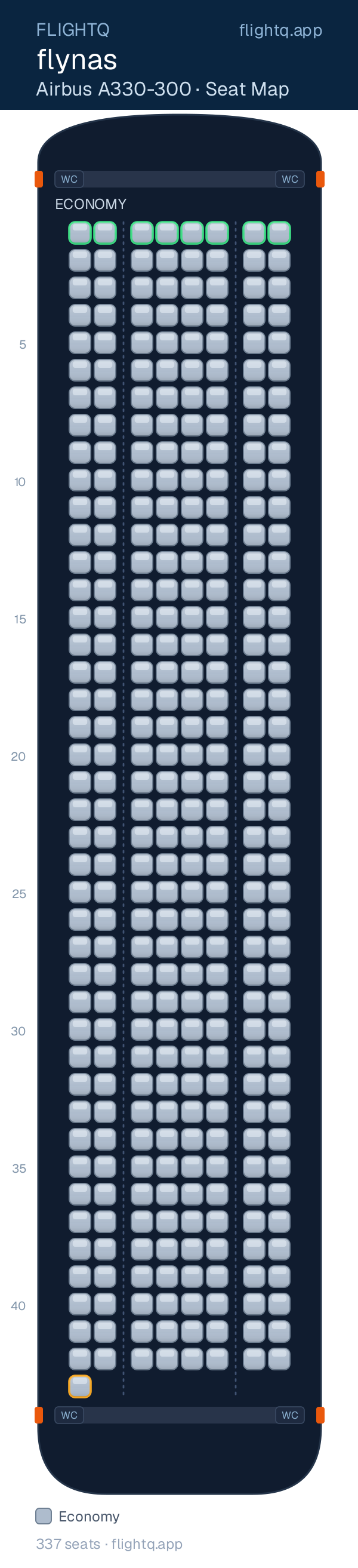 flynas Airbus A330-300 seat map with 337 seats — best seats and rows to avoid