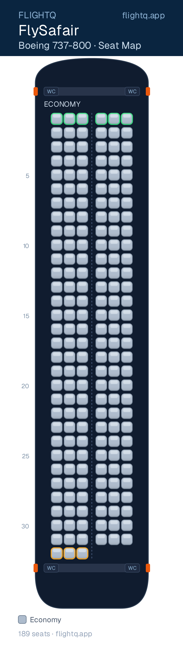 FlySafair Boeing 737-800 seat map with 189 seats — best seats and rows to avoid