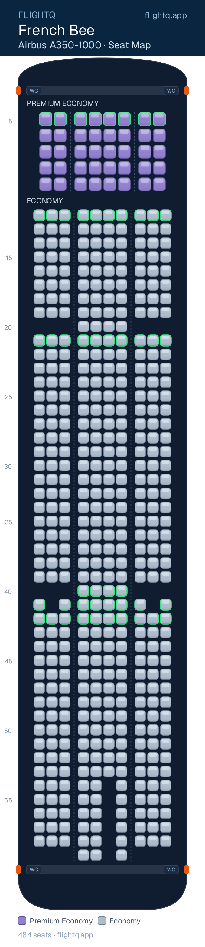 French Bee Airbus A350-1000 seat map with 484 seats across 2 cabins — best seats and rows to avoid