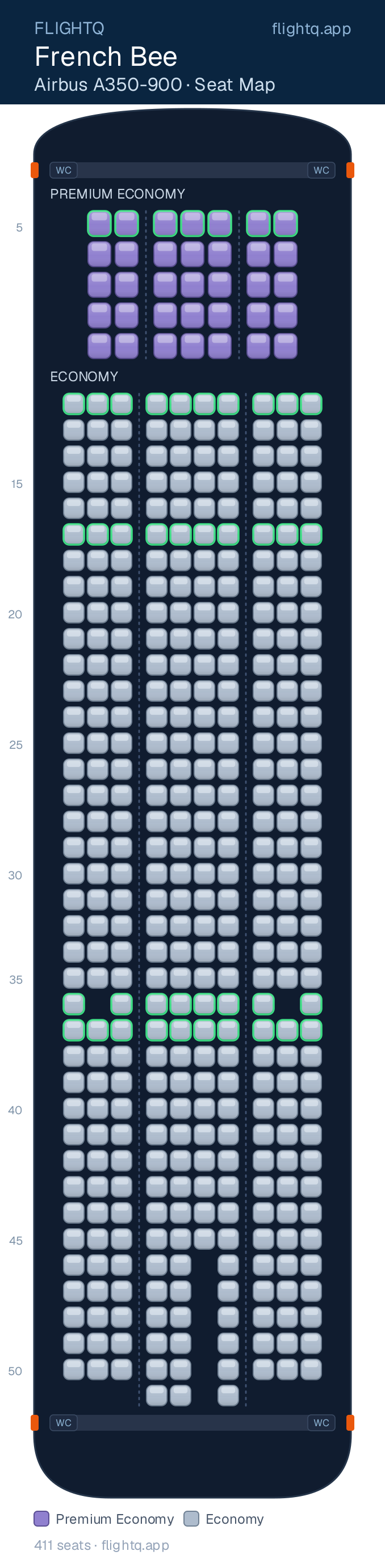 French Bee Airbus A350-900 seat map with 411 seats across 2 cabins — best seats and rows to avoid