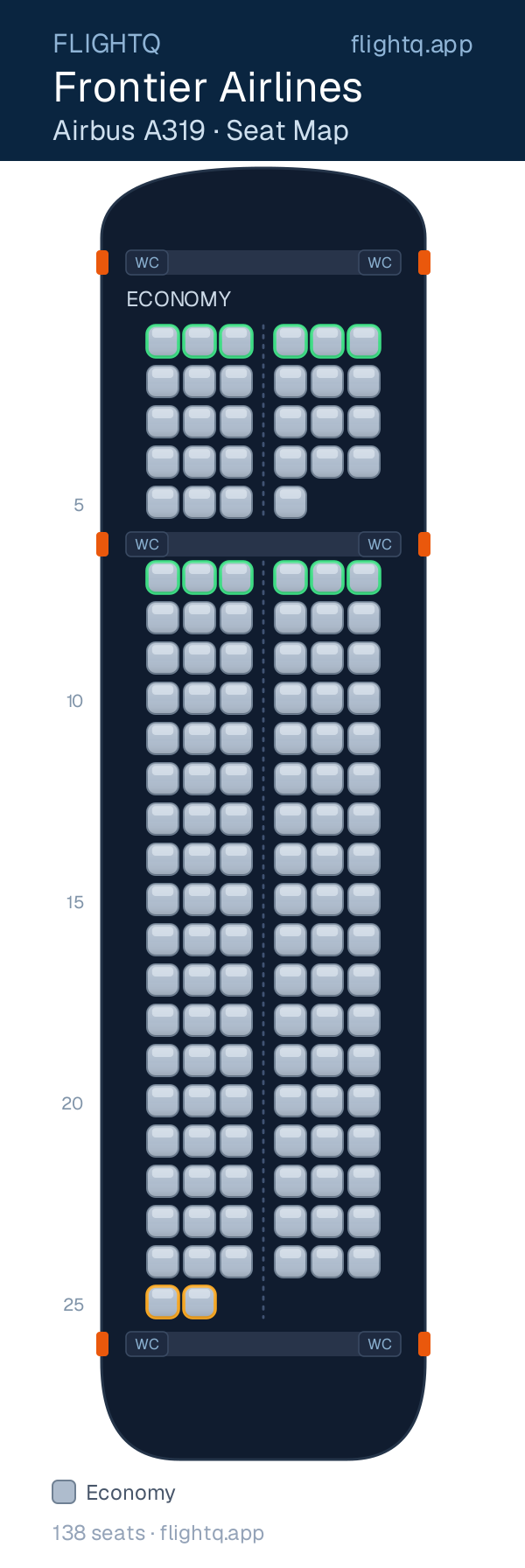 Frontier Airlines Airbus A319 seat map with 138 seats — best seats and rows to avoid