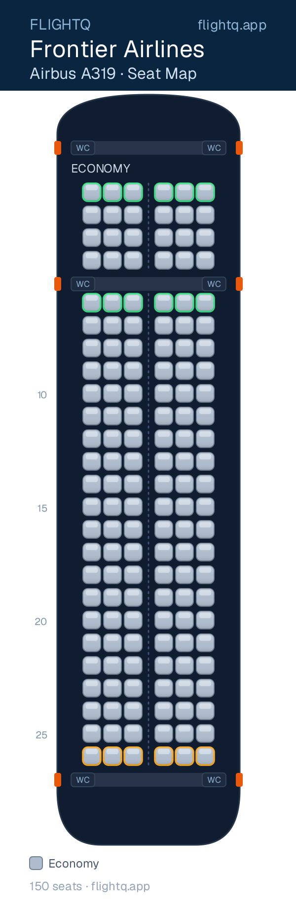 Frontier Airlines Airbus A319 seat map with 150 seats — best seats and rows to avoid