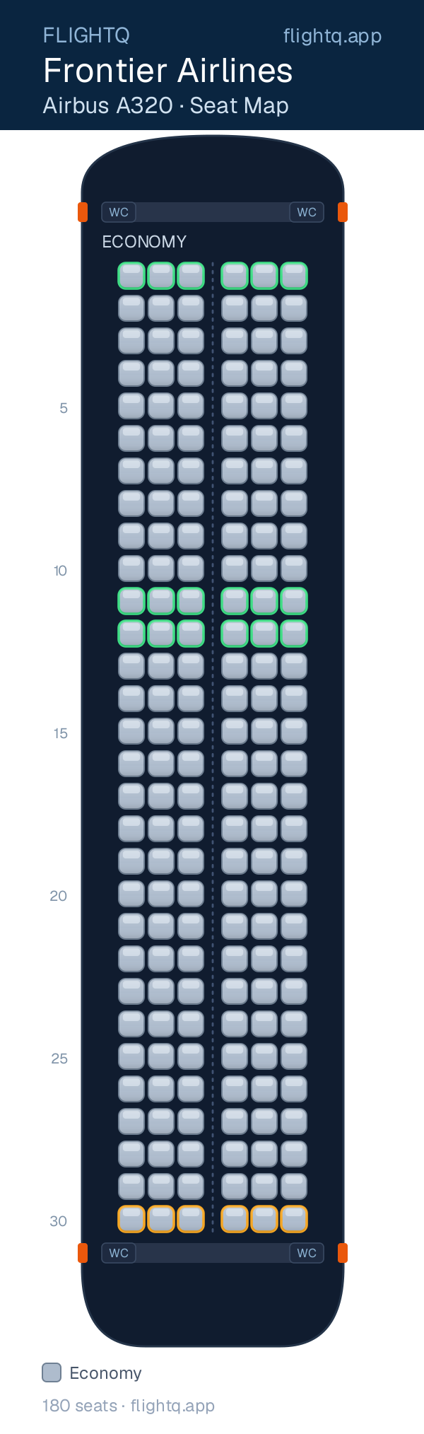 Frontier Airlines Airbus A320 seat map with 180 seats — best seats and rows to avoid