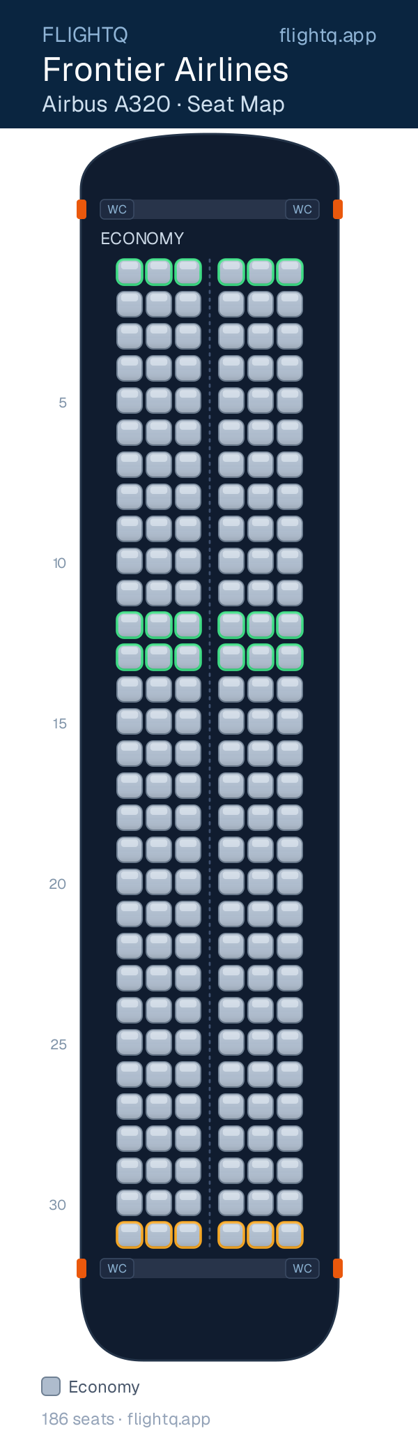 Frontier Airlines Airbus A320 seat map with 186 seats — best seats and rows to avoid