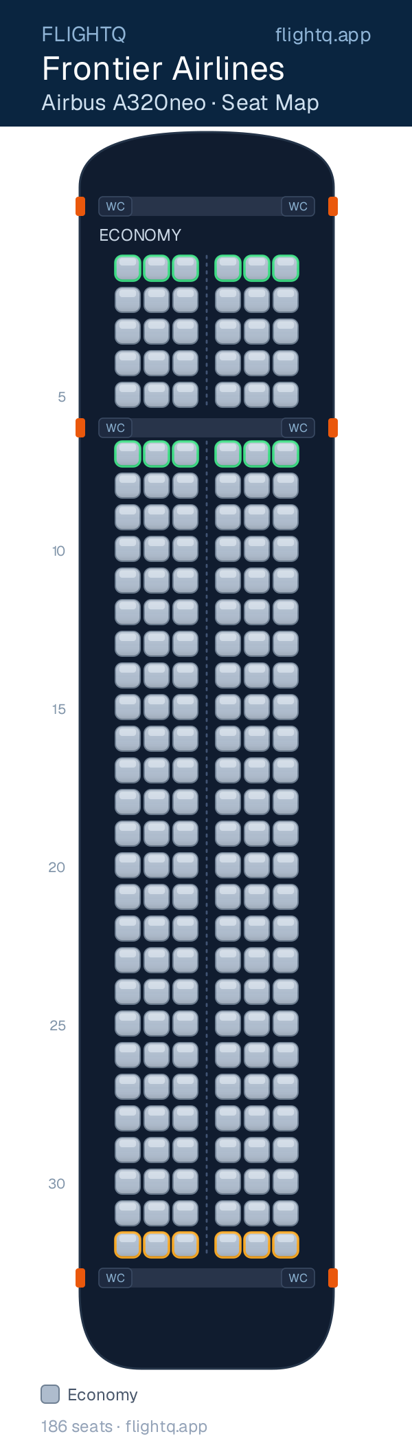 Frontier Airlines Airbus A320neo seat map with 186 seats — best seats and rows to avoid