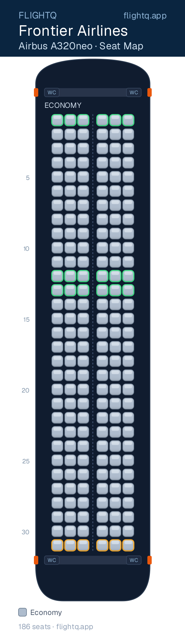 Frontier Airlines Airbus A320neo seat map with 186 seats — best seats and rows to avoid