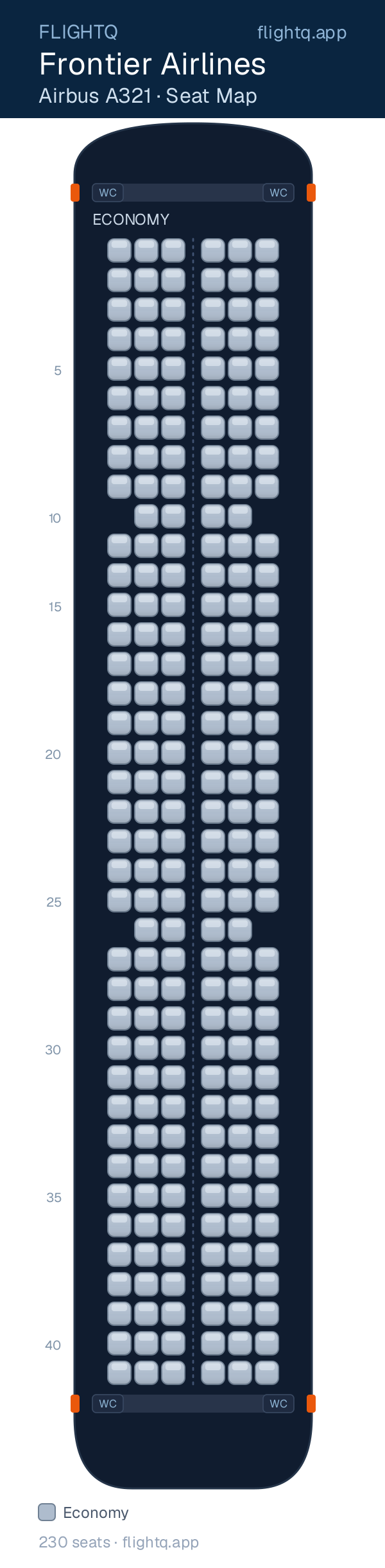 Frontier Airlines Airbus A321 seat map with 230 seats — best seats and rows to avoid