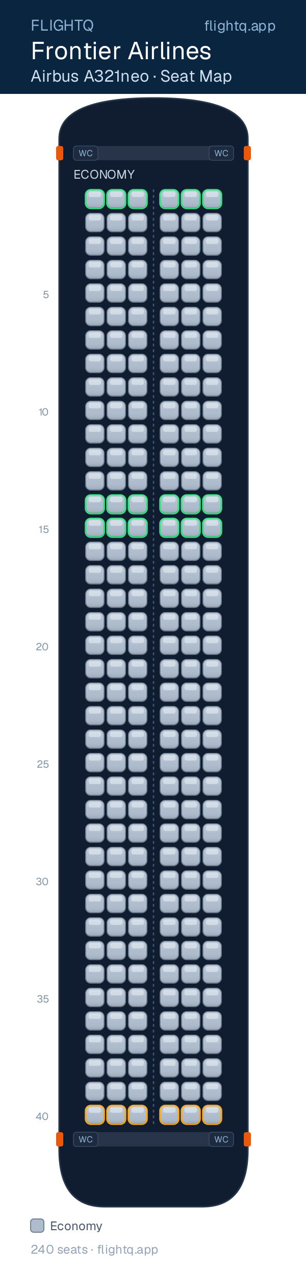 Frontier Airlines Airbus A321neo seat map with 240 seats — best seats and rows to avoid