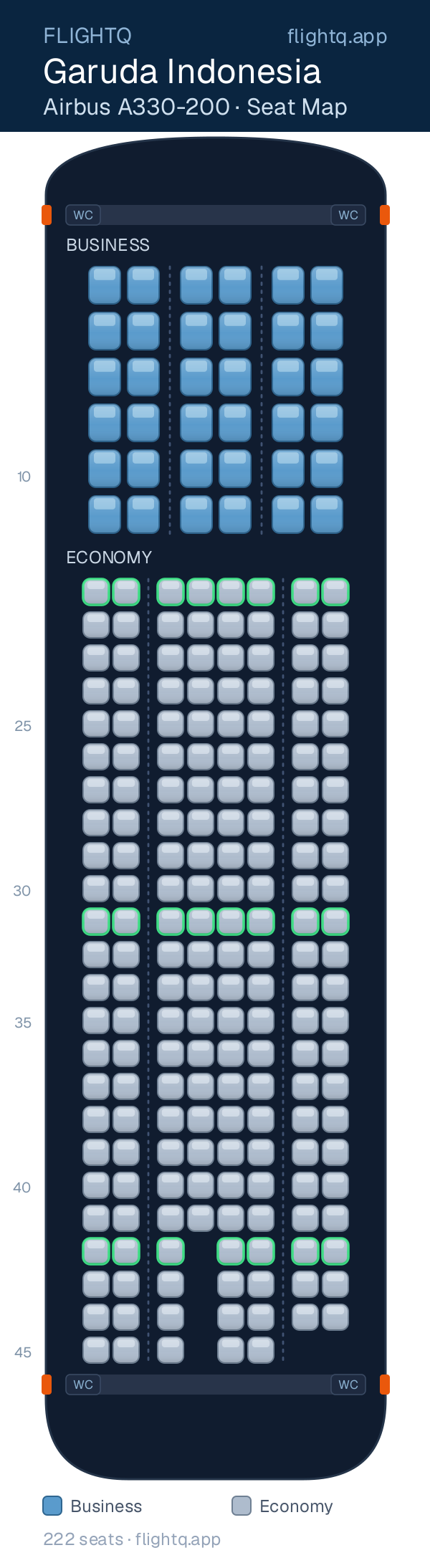Garuda Indonesia Airbus A330-200 seat map with 222 seats across 2 cabins — best seats and rows to avoid