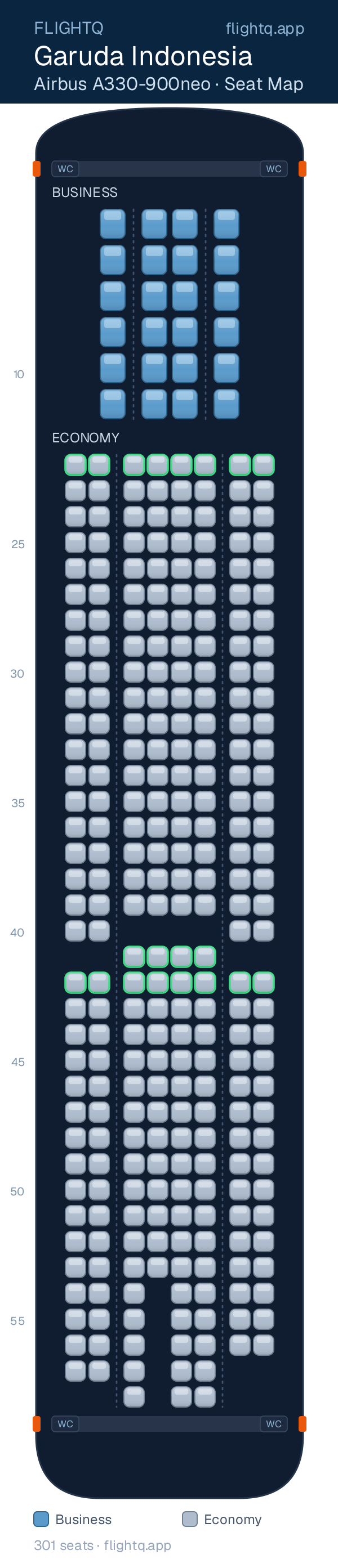 Garuda Indonesia Airbus A330-900neo seat map with 301 seats across 2 cabins — best seats and rows to avoid
