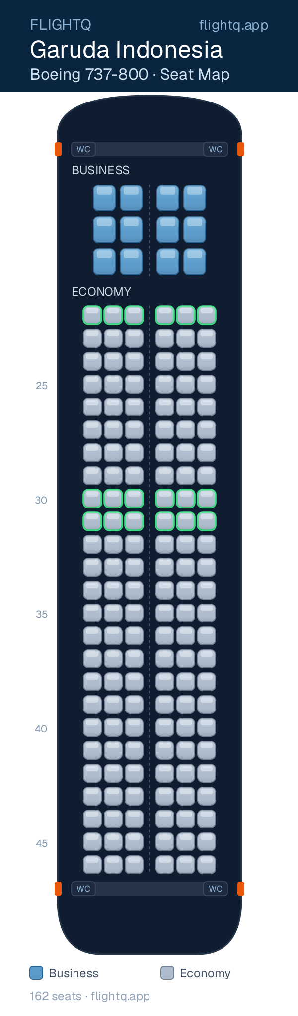 Garuda Indonesia Boeing 737-800 seat map with 162 seats across 2 cabins — best seats and rows to avoid