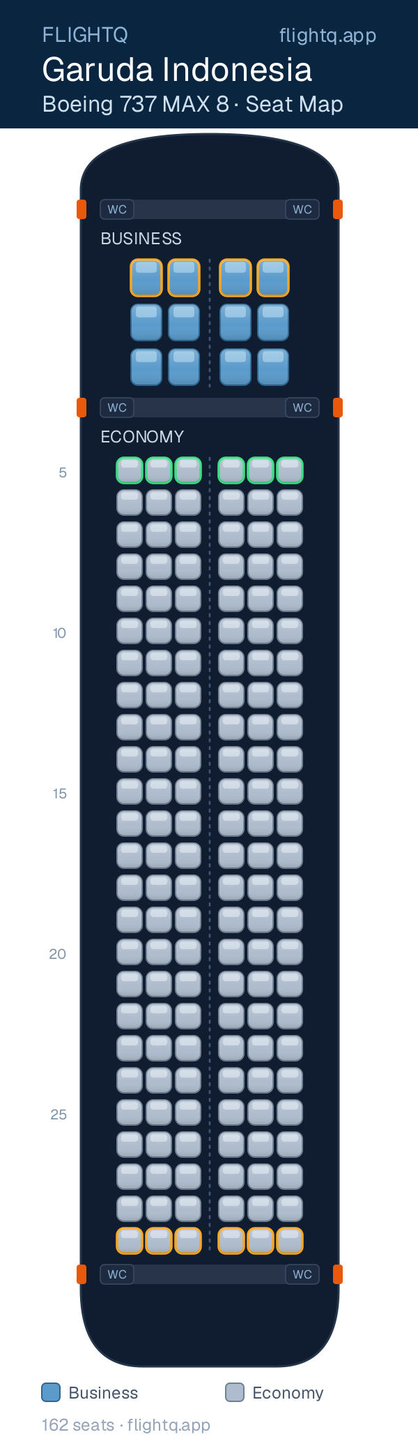 Garuda Indonesia Boeing 737 MAX 8 seat map with 162 seats across 2 cabins — best seats and rows to avoid