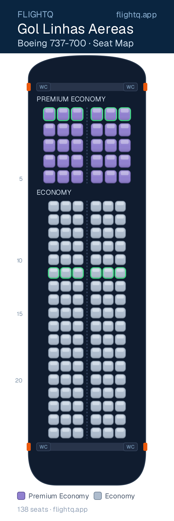 Gol Linhas Aereas Boeing 737-700 seat map with 138 seats across 2 cabins — best seats and rows to avoid