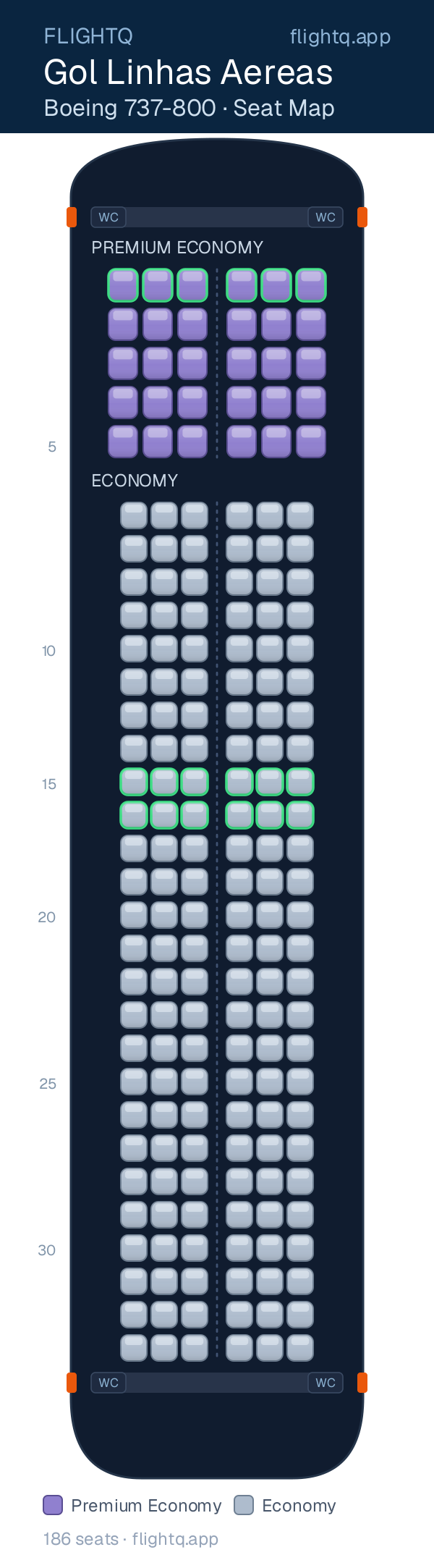 Gol Linhas Aereas Boeing 737-800 seat map with 186 seats across 2 cabins — best seats and rows to avoid
