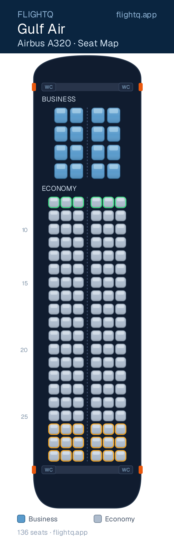Gulf Air Airbus A320 seat map with 136 seats across 2 cabins — best seats and rows to avoid