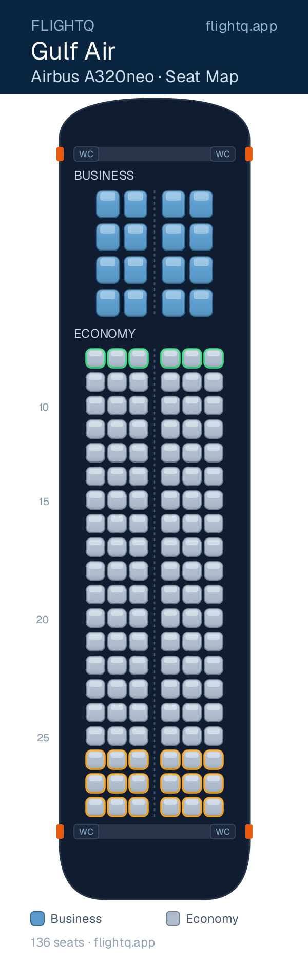 Gulf Air Airbus A320neo seat map with 136 seats across 2 cabins — best seats and rows to avoid