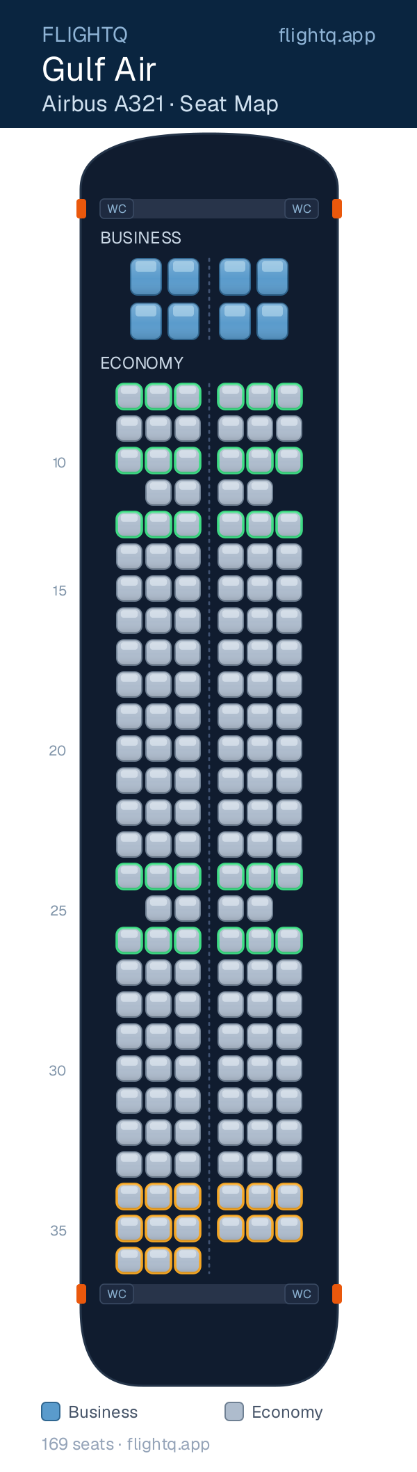 Gulf Air Airbus A321 seat map with 169 seats across 2 cabins — best seats and rows to avoid
