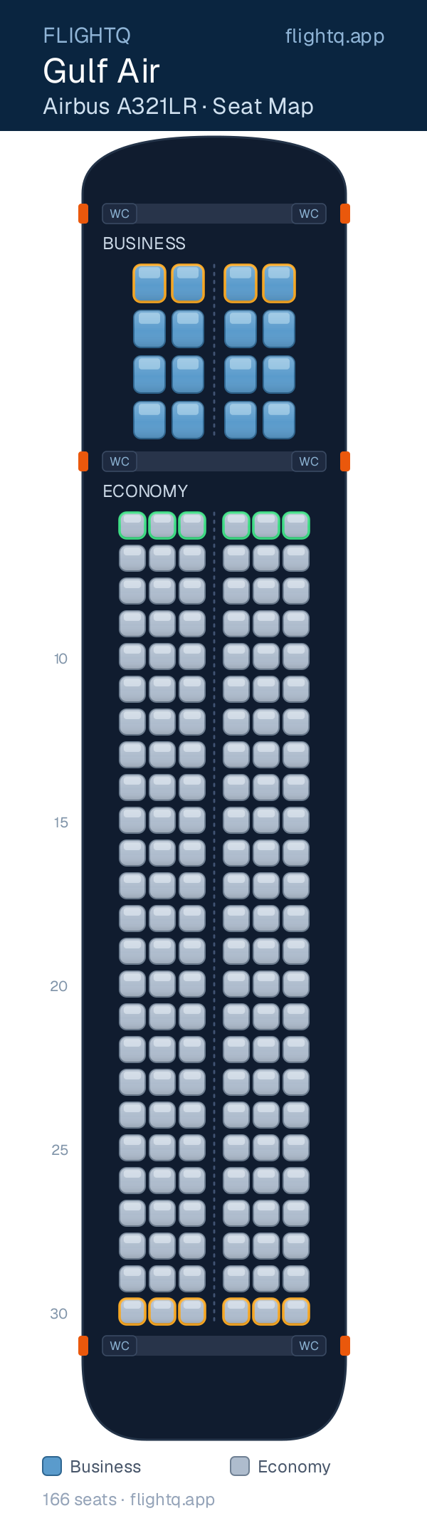Gulf Air Airbus A321LR seat map with 166 seats across 2 cabins — best seats and rows to avoid