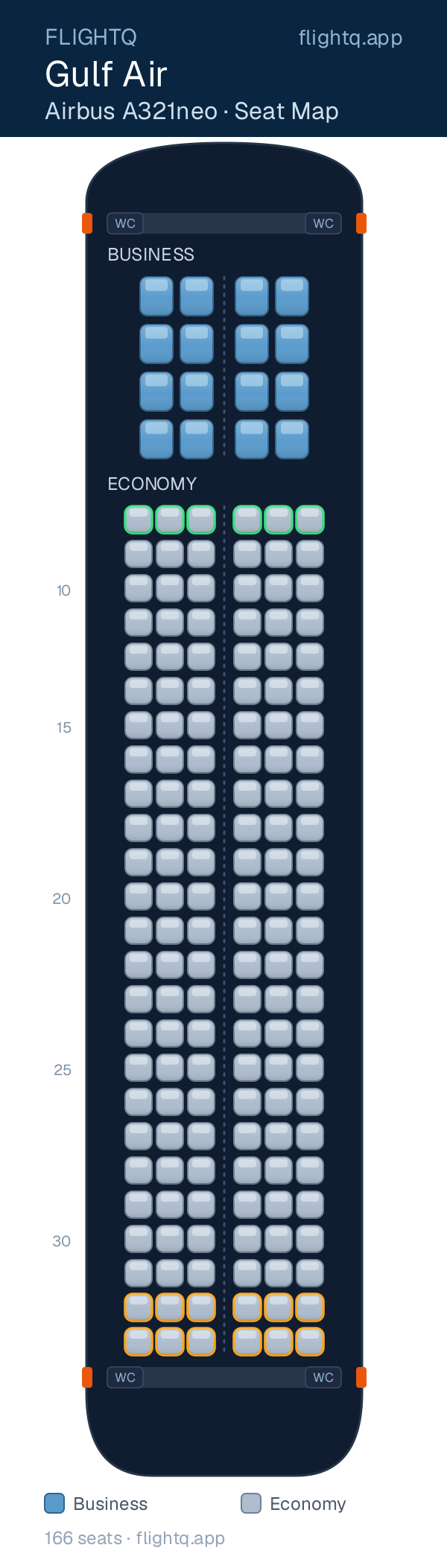 Gulf Air Airbus A321neo seat map with 166 seats across 2 cabins — best seats and rows to avoid