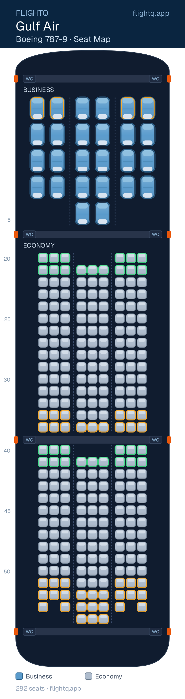 Gulf Air Boeing 787-9 Dreamliner seat map with 282 seats across 2 cabins — best seats and rows to avoid