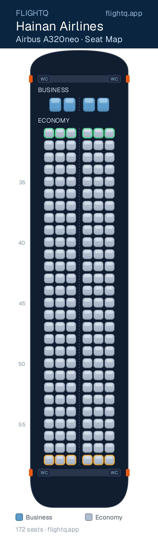 Hainan Airlines Airbus A320neo seat map with 172 seats across 2 cabins — best seats and rows to avoid