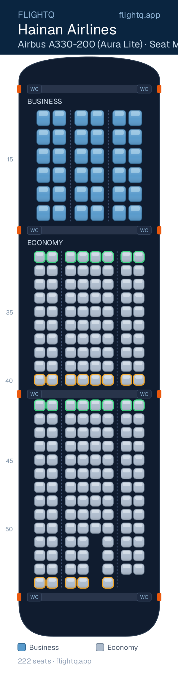 Hainan Airlines Airbus A330-200 seat map with 222 seats across 2 cabins — best seats and rows to avoid
