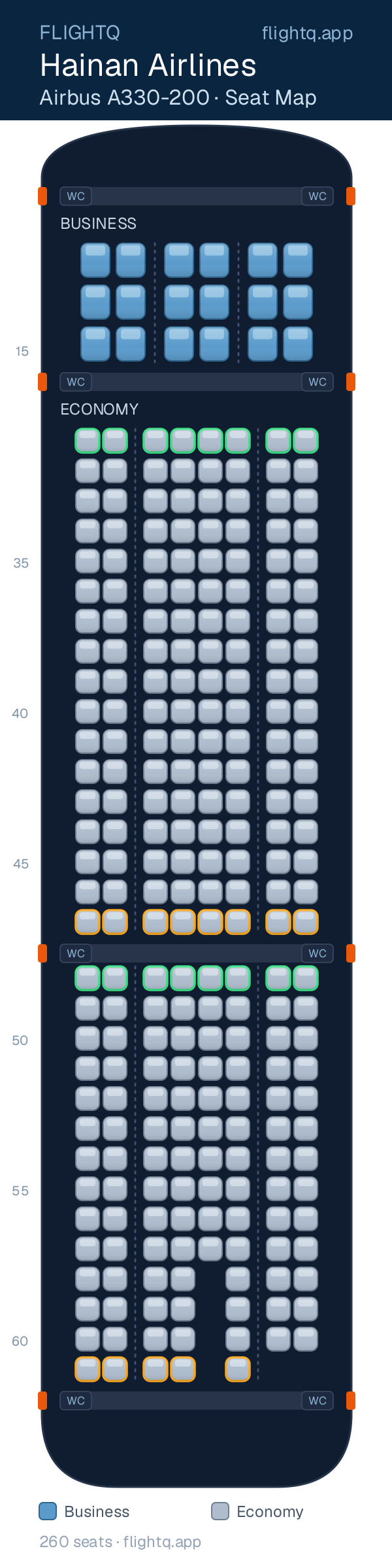 Hainan Airlines Airbus A330-200 seat map with 260 seats across 2 cabins — best seats and rows to avoid