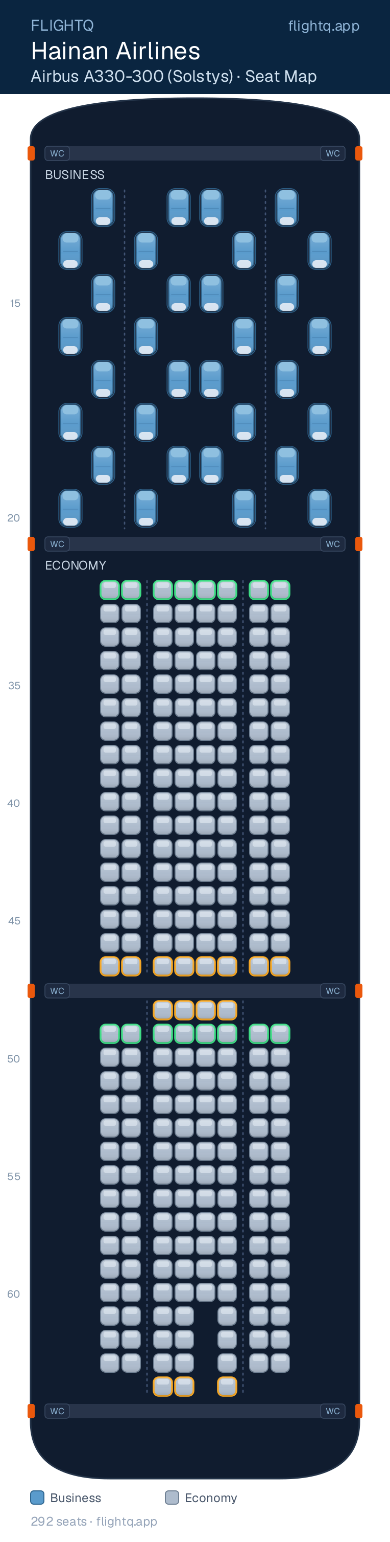 Hainan Airlines Airbus A330-300 seat map with 292 seats across 2 cabins — best seats and rows to avoid