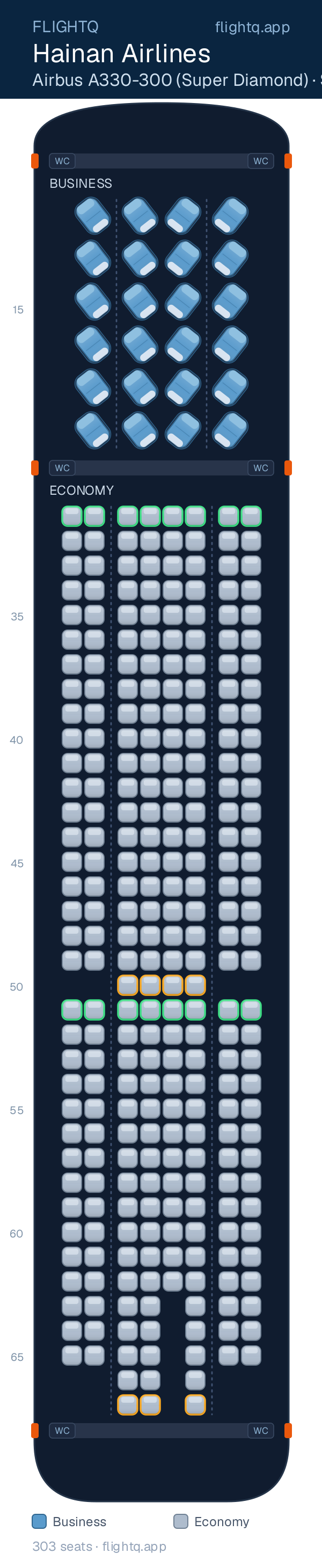 Hainan Airlines Airbus A330-300 seat map with 303 seats across 2 cabins — best seats and rows to avoid