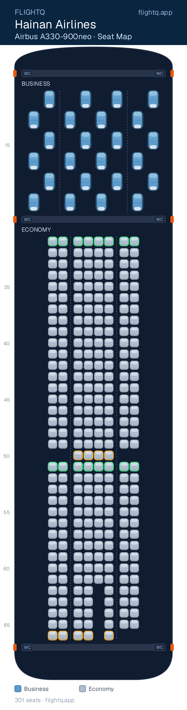 Hainan Airlines Airbus A330-900neo seat map with 301 seats across 2 cabins — best seats and rows to avoid