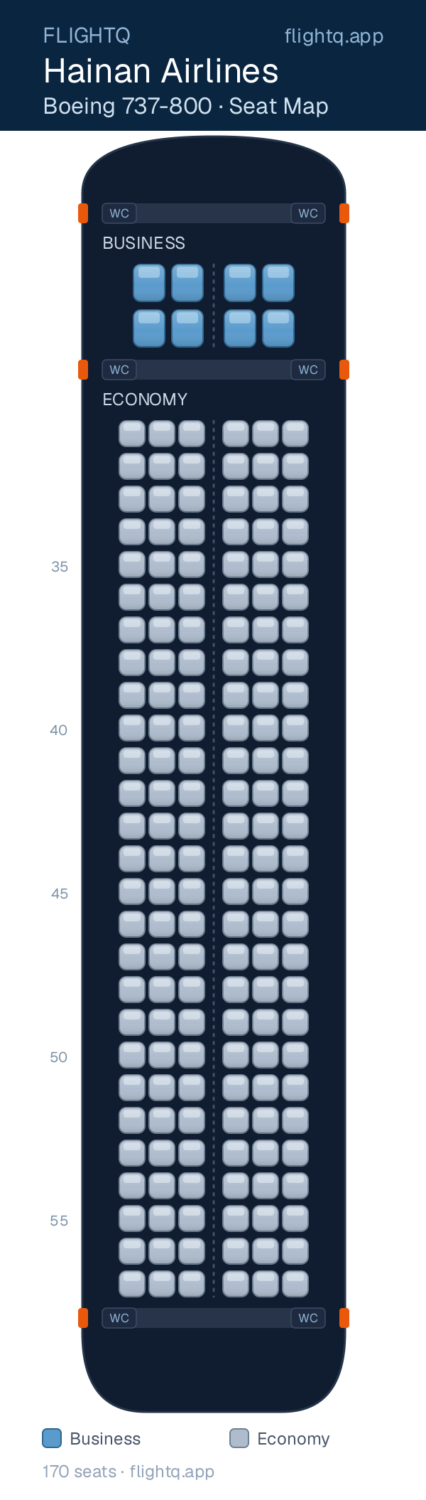 Hainan Airlines Boeing 737-800 seat map with 170 seats across 2 cabins — best seats and rows to avoid