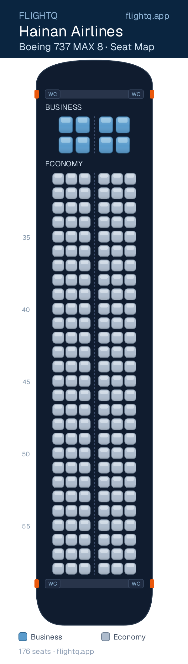 Hainan Airlines Boeing 737 MAX 8 seat map with 176 seats across 2 cabins — best seats and rows to avoid