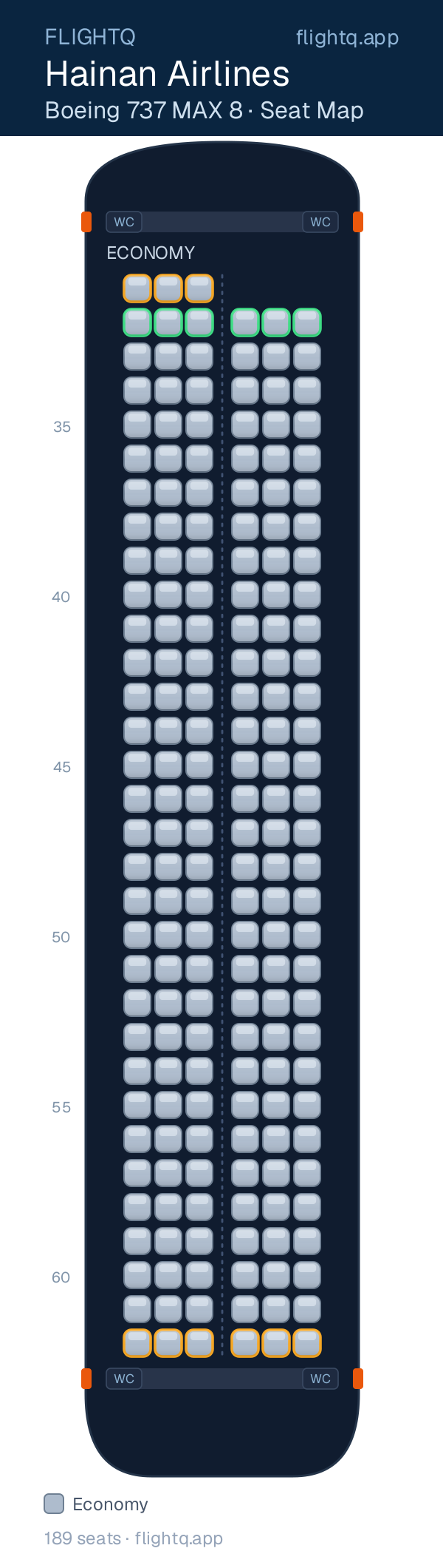 Hainan Airlines Boeing 737 MAX 8 seat map with 189 seats — best seats and rows to avoid