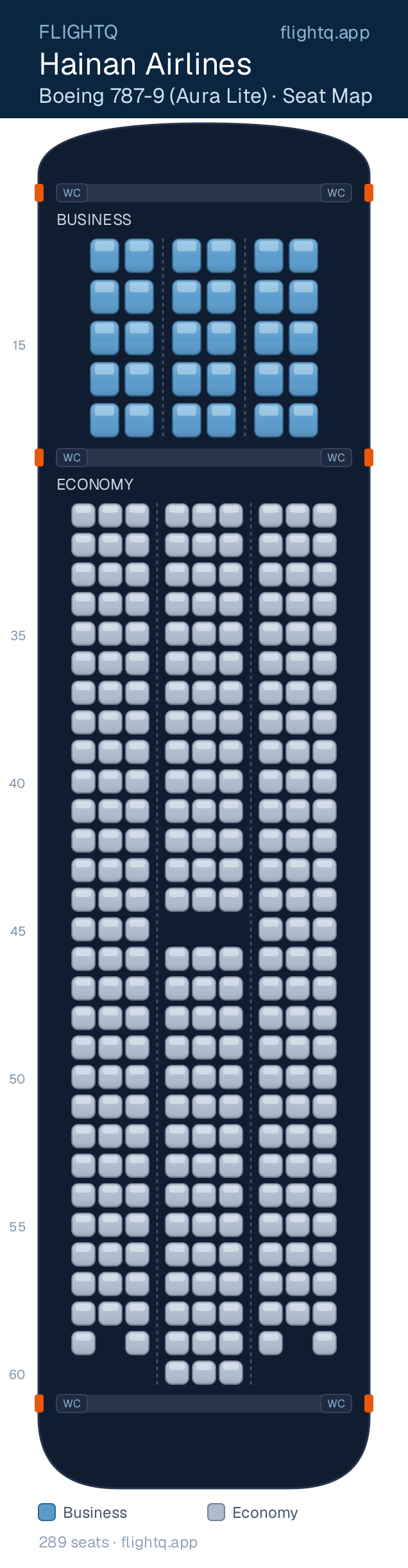 Hainan Airlines Boeing 787-9 Dreamliner seat map with 289 seats across 2 cabins — best seats and rows to avoid