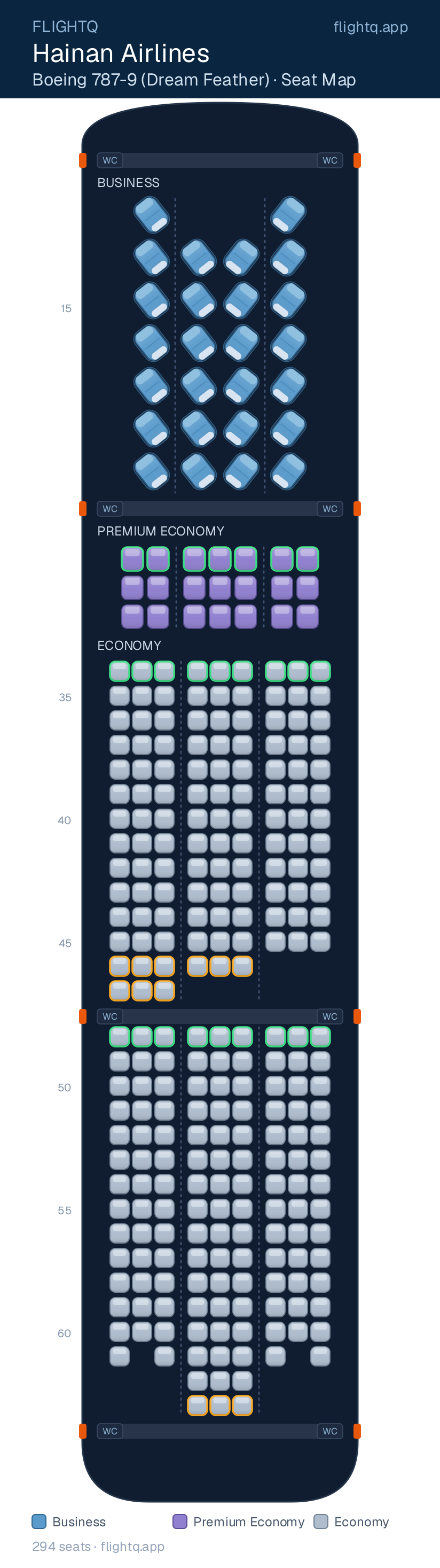 Hainan Airlines Boeing 787-9 (Dream Feather) seat map with 294 seats across 3 cabins — best seats and rows to avoid