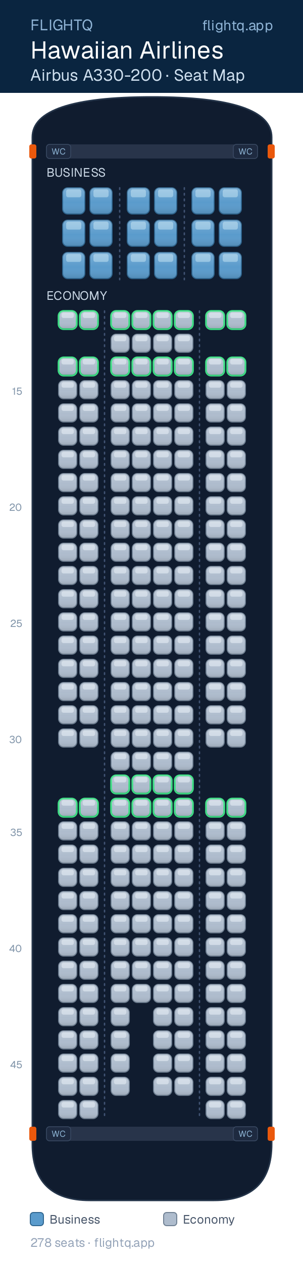 Hawaiian Airlines Airbus A330-200 seat map with 278 seats across 2 cabins — best seats and rows to avoid