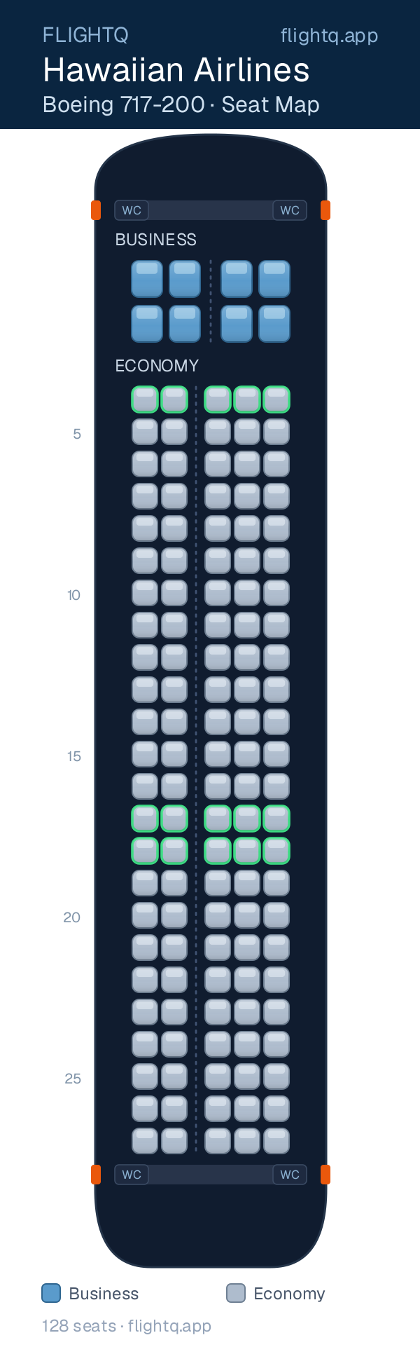 Hawaiian Airlines Boeing 717-200 seat map with 128 seats across 2 cabins — best seats and rows to avoid