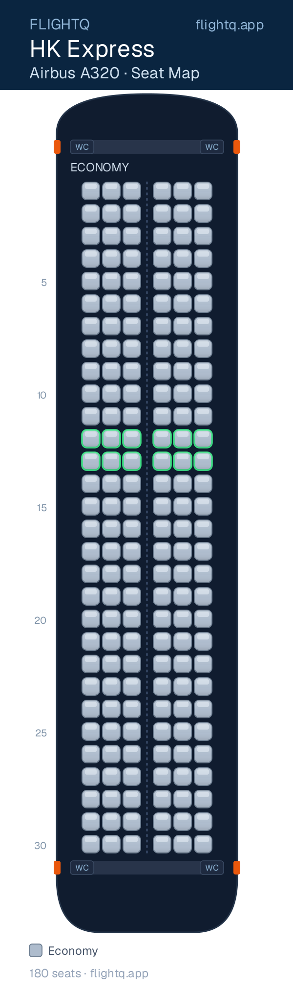 HK Express Airbus A320 seat map with 180 seats — best seats and rows to avoid
