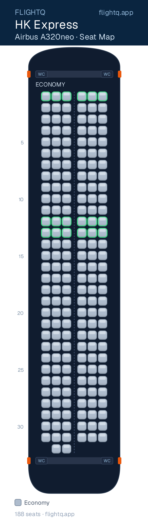 HK Express Airbus A320neo seat map with 188 seats — best seats and rows to avoid