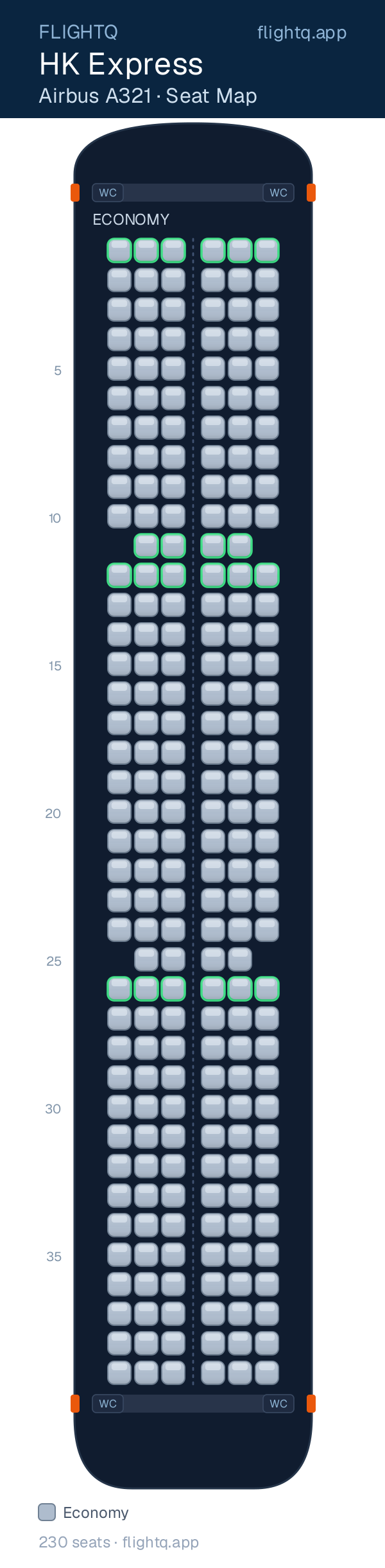 HK Express Airbus A321 seat map with 230 seats — best seats and rows to avoid