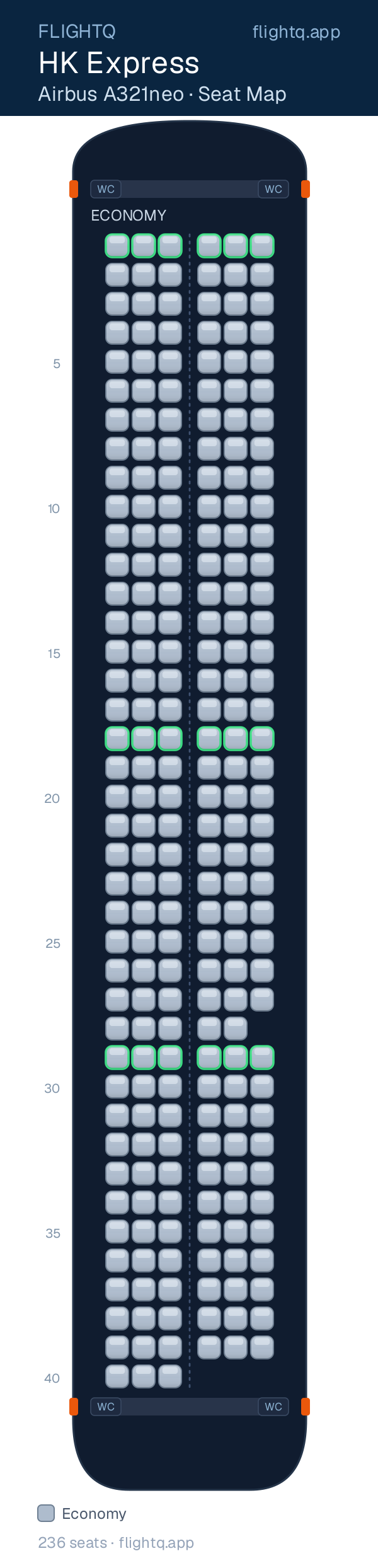 HK Express Airbus A321neo seat map with 236 seats — best seats and rows to avoid
