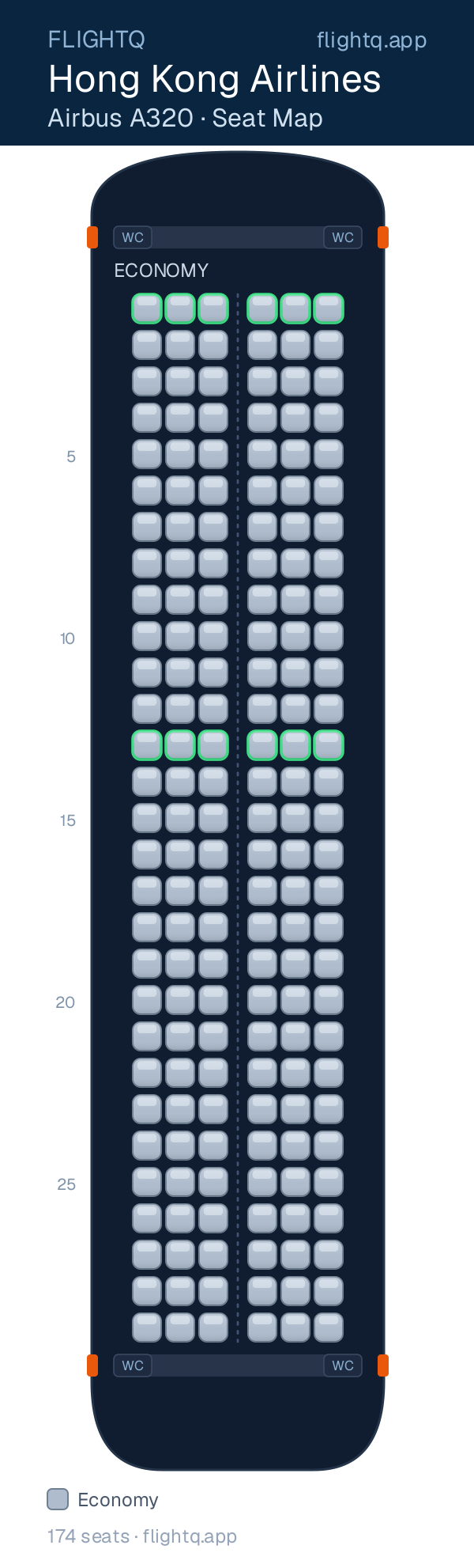 Hong Kong Airlines Airbus A320 seat map with 174 seats — best seats and rows to avoid