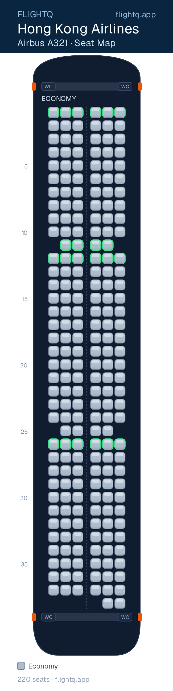 Hong Kong Airlines Airbus A321 seat map with 220 seats — best seats and rows to avoid