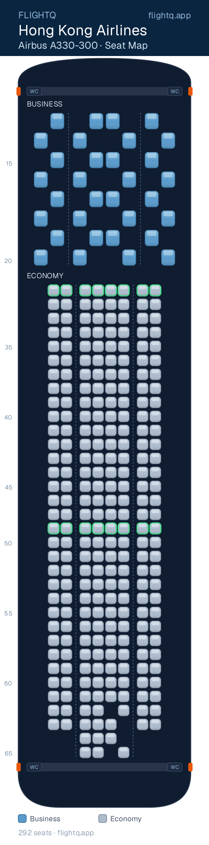 Hong Kong Airlines Airbus A330-300 seat map with 292 seats across 2 cabins — best seats and rows to avoid